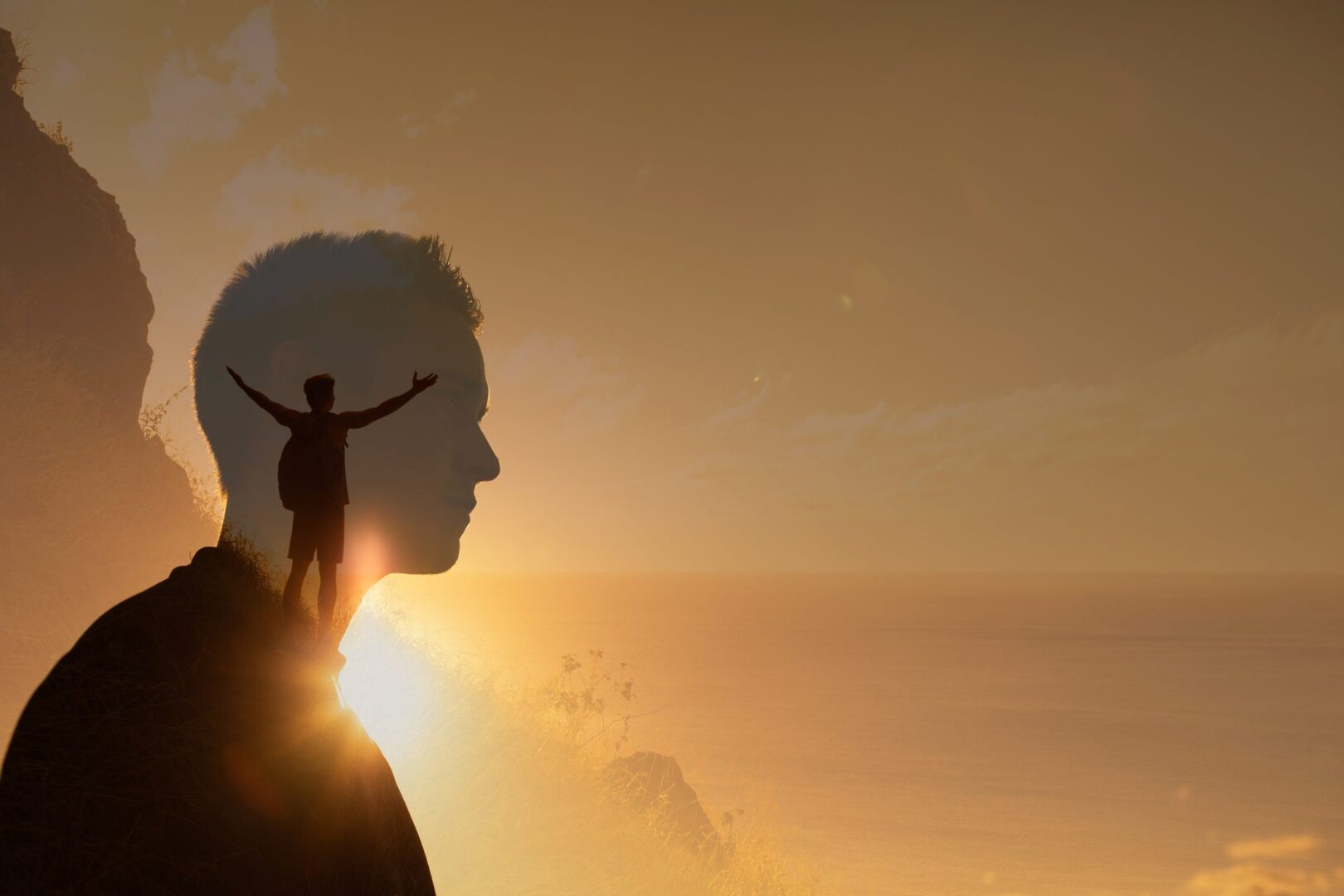 Silhouette of person with sunset background.
