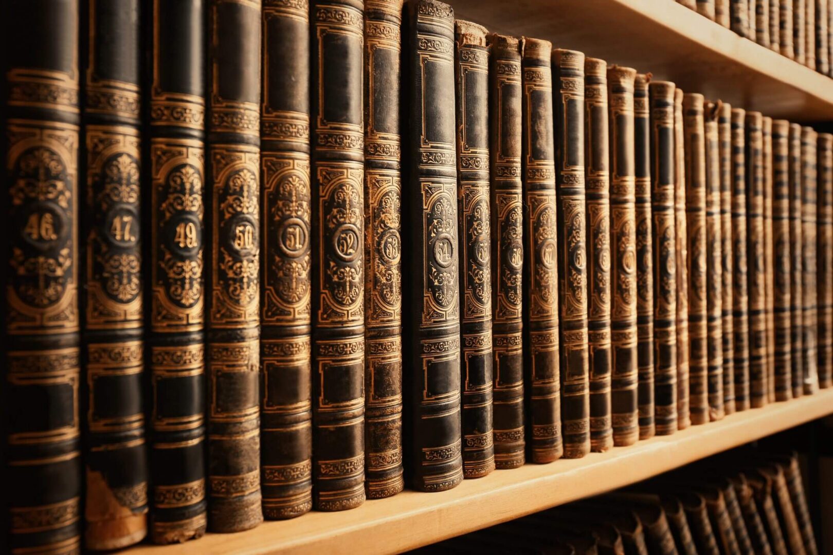 Row of vintage leather-bound books on shelf.