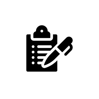 Clipboard and pen icon inside circle.