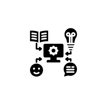 Computer with book, lightbulb, smiley, chat icons.
