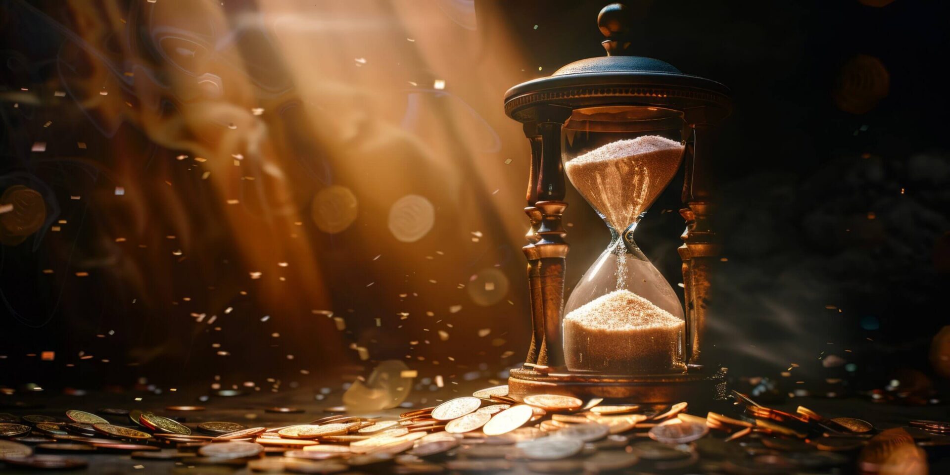 Hourglass above scattered coins in golden light