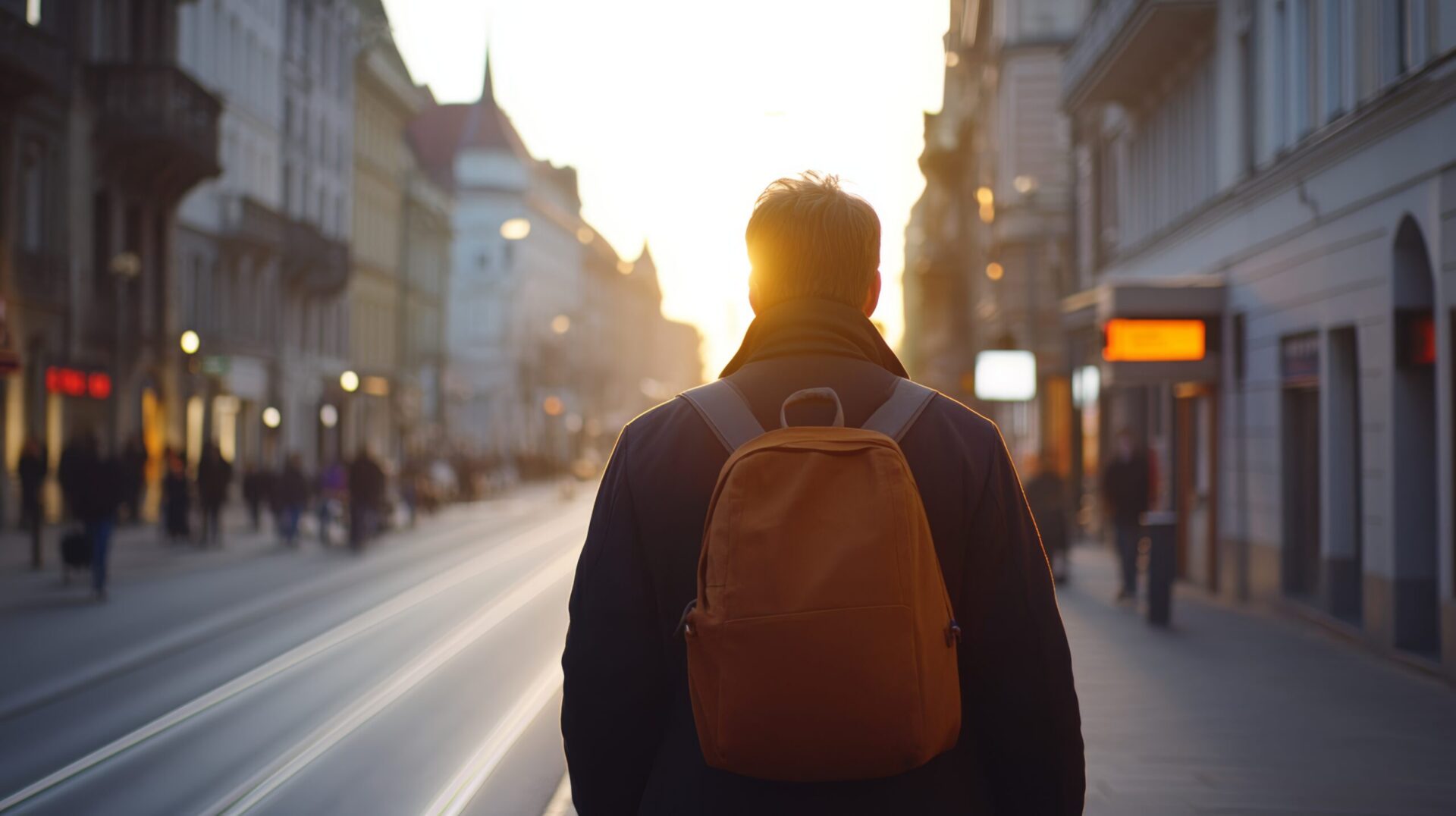 Backpacker walking down sunlit city street