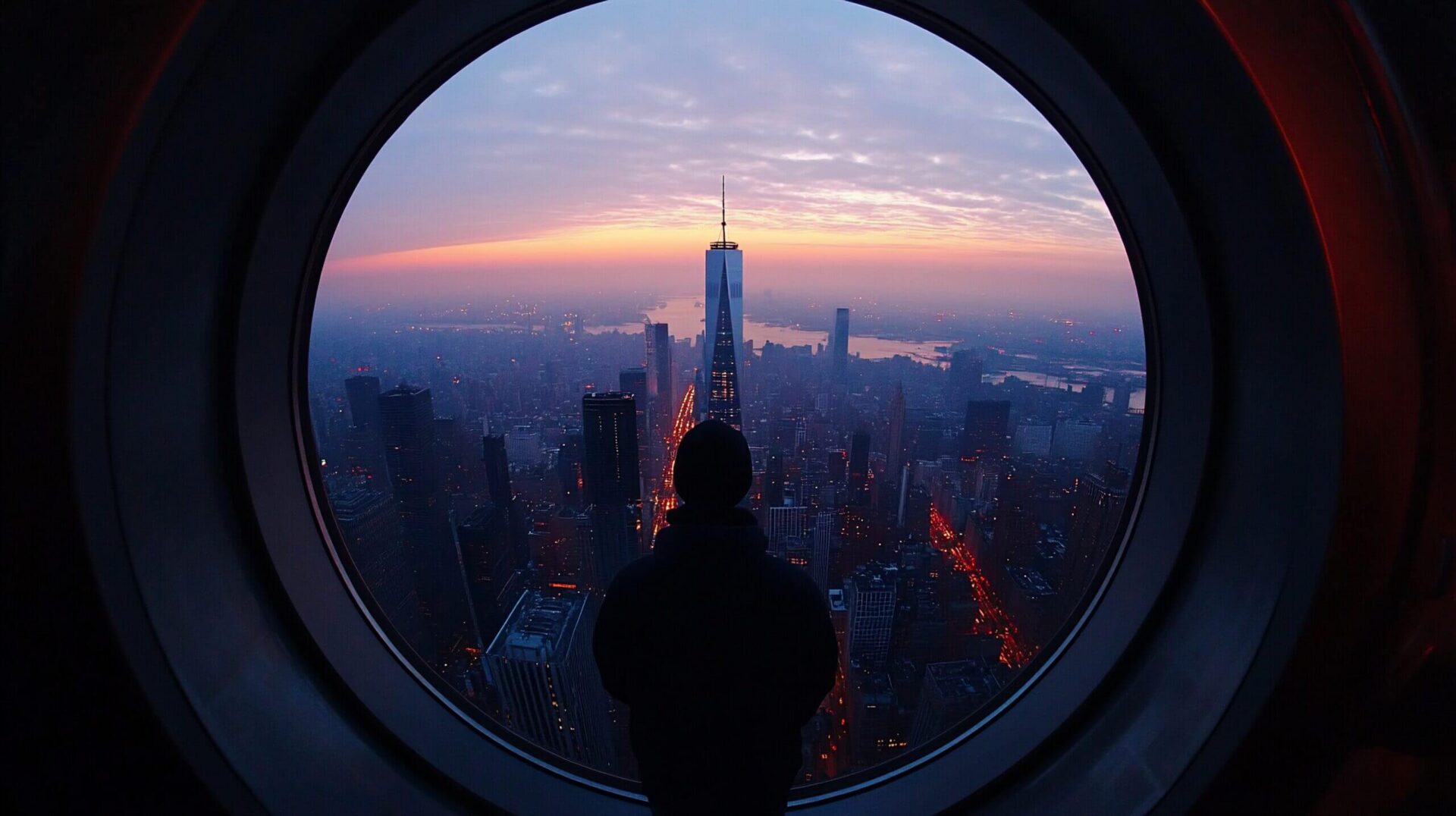 Silhouette gazing at city skyline through circular window