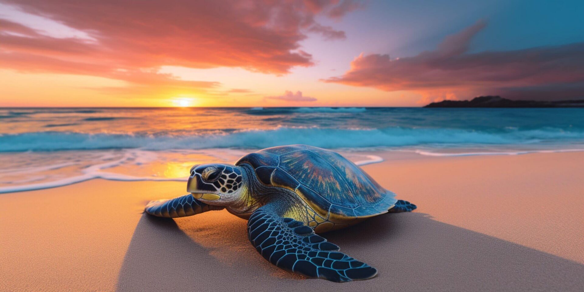 Sea turtle on sandy beach at sunset