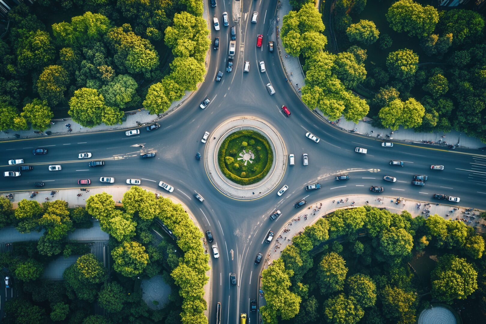 Aerial view of roundabout surrounded by trees