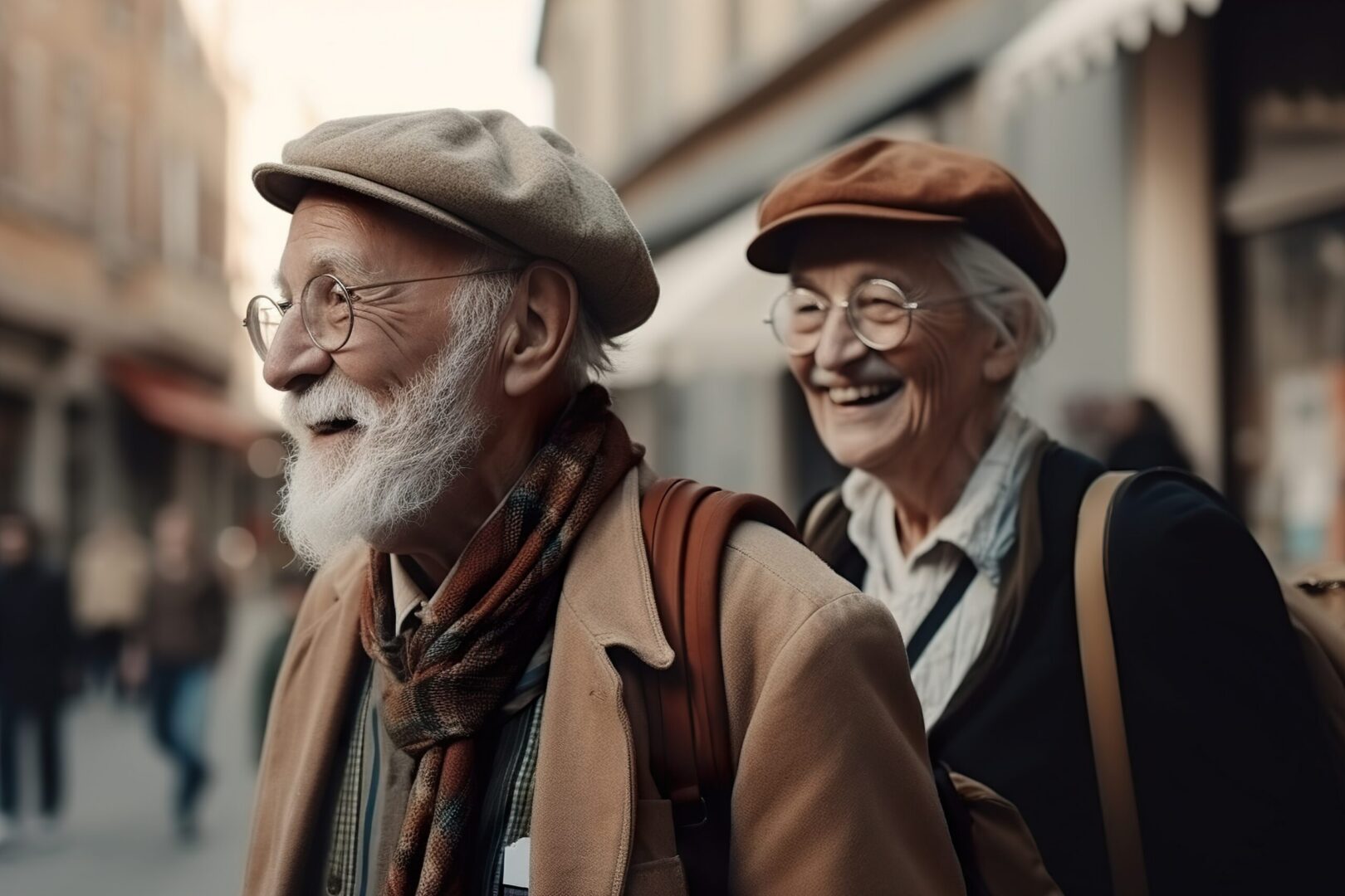 Smiling elderly couple walking in city