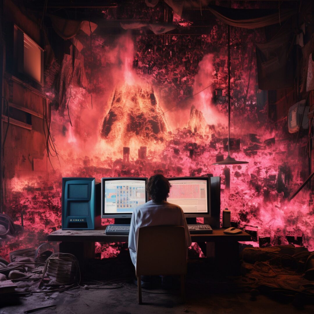 Person at computer with fiery red background