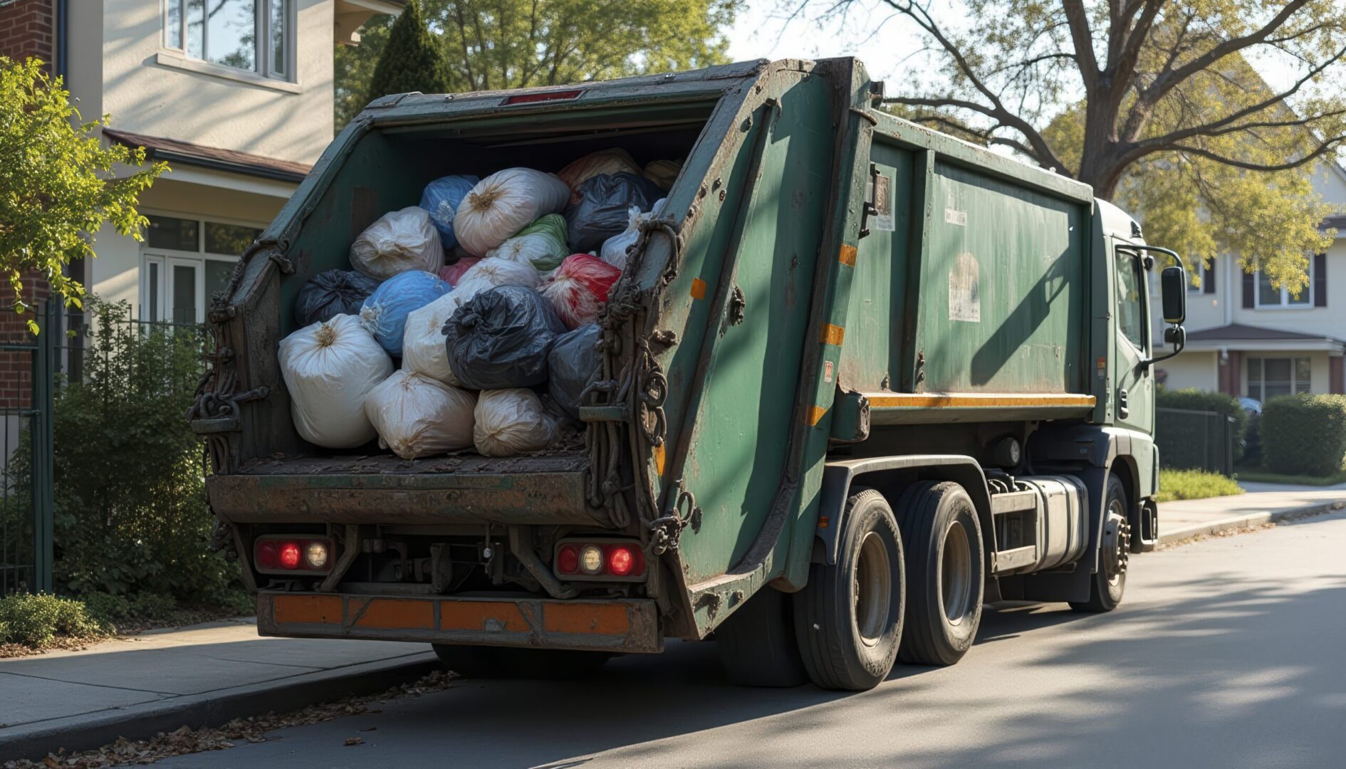 Garbage truck with multicolored trash bags