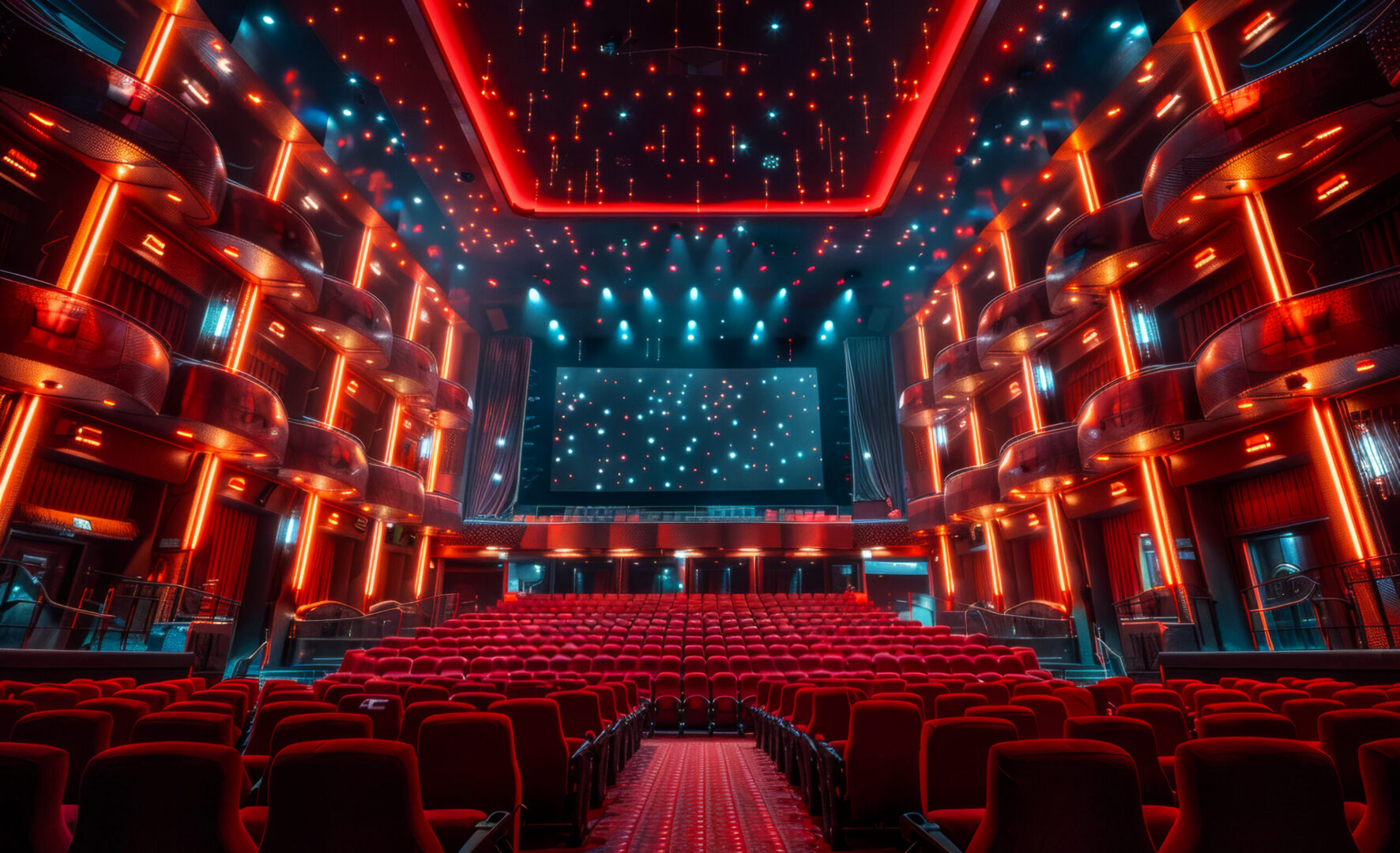 Empty theater with red seats and balconies