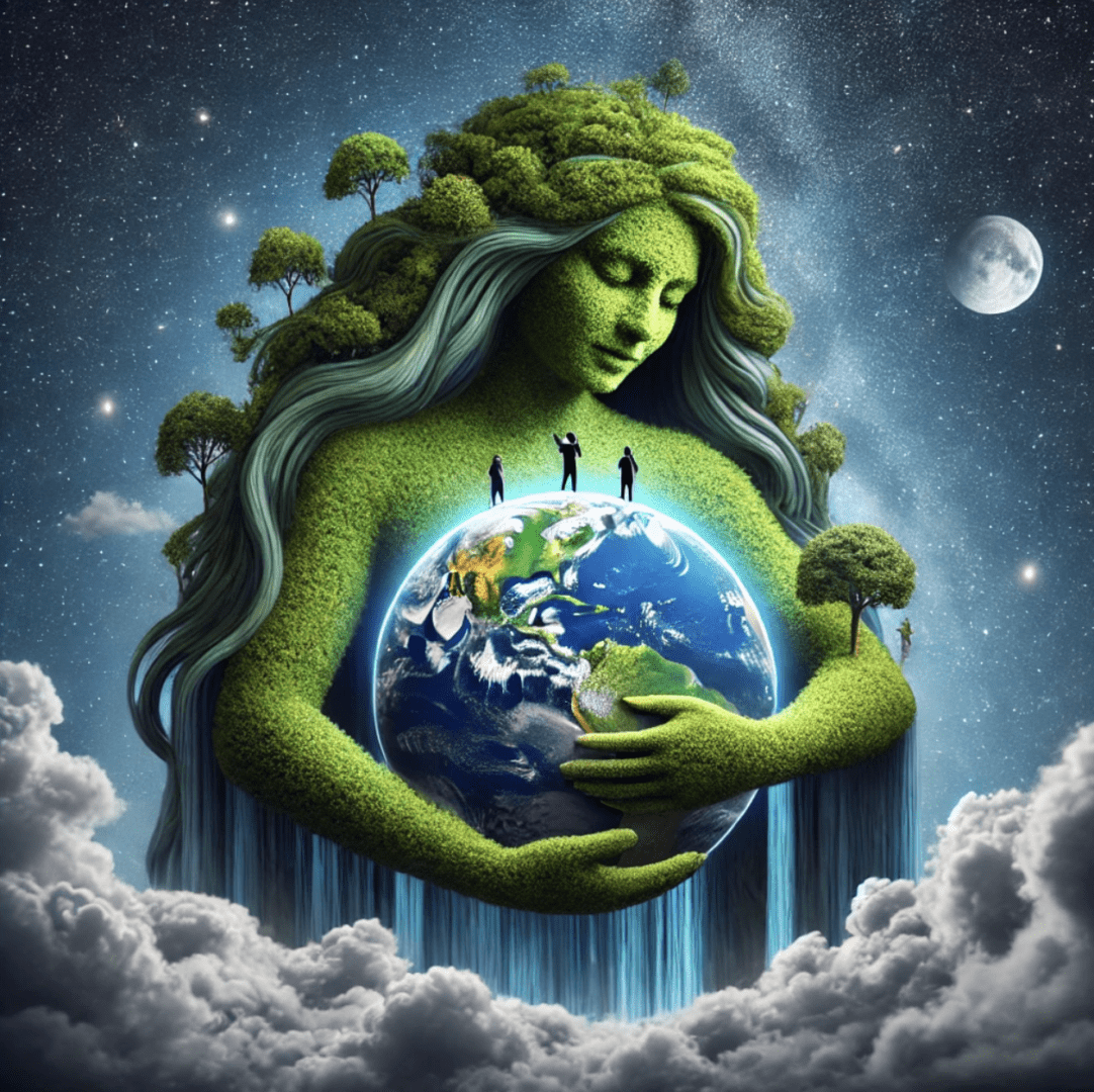 Mother Earth figure holding globe surrounded by stars
