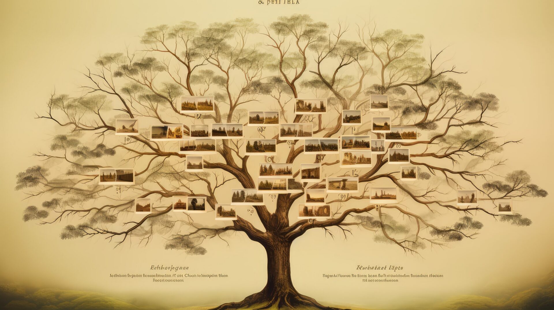 Illustrated family tree with pinned photographs