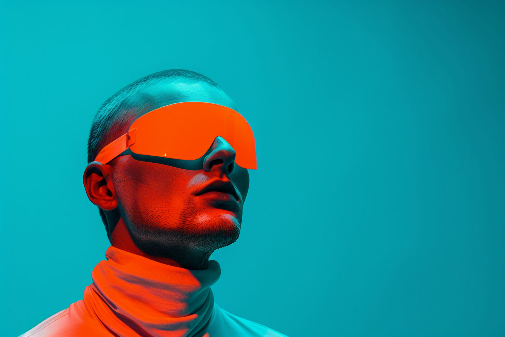 Person wearing orange futuristic visor on teal background