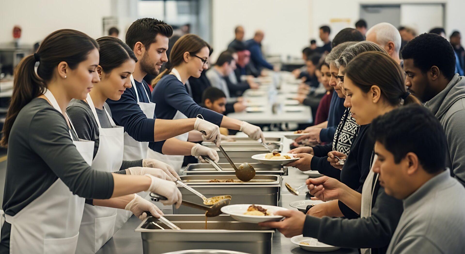 Volunteers serving meals to people in line