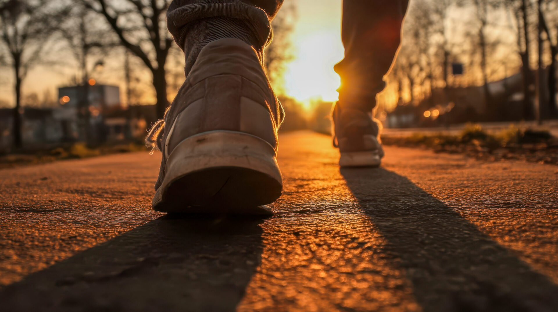 Close up of shoes walking at sunset