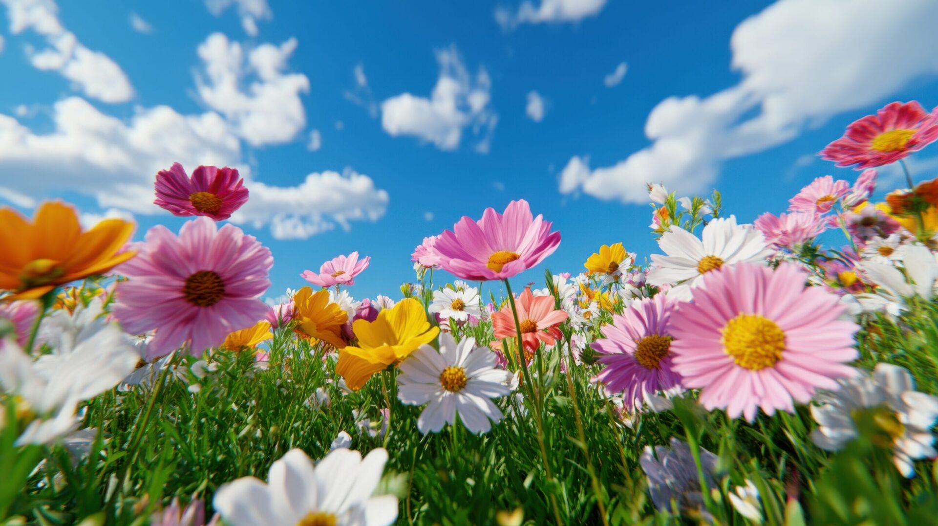 Colorful wildflowers under a blue sky
