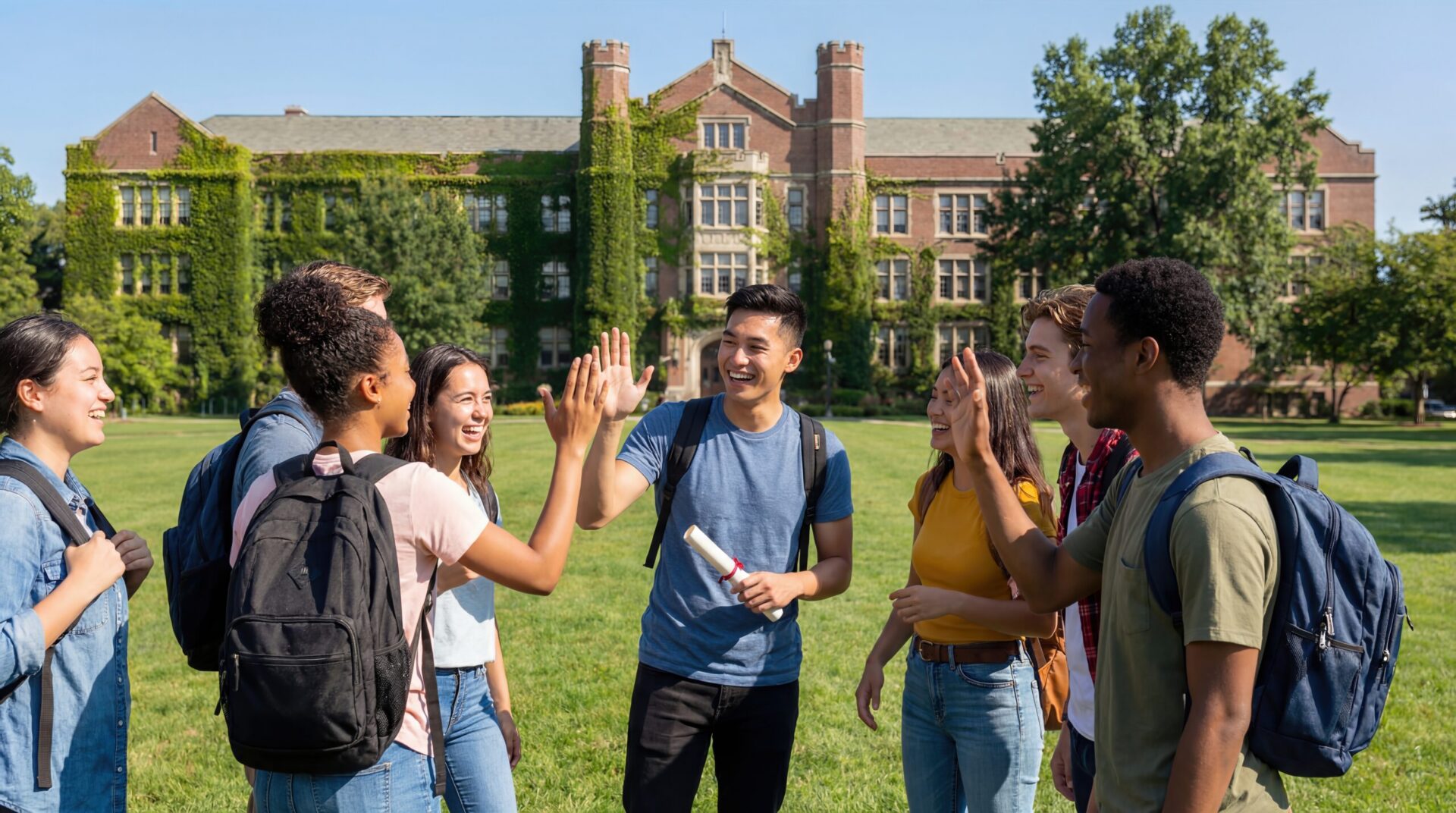 Students high-fiving on college campus lawn
