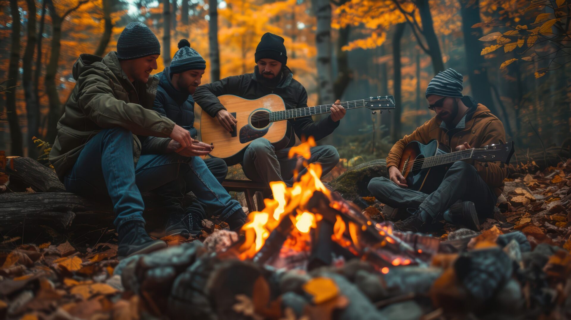 Friends playing guitars around campfire in autumn