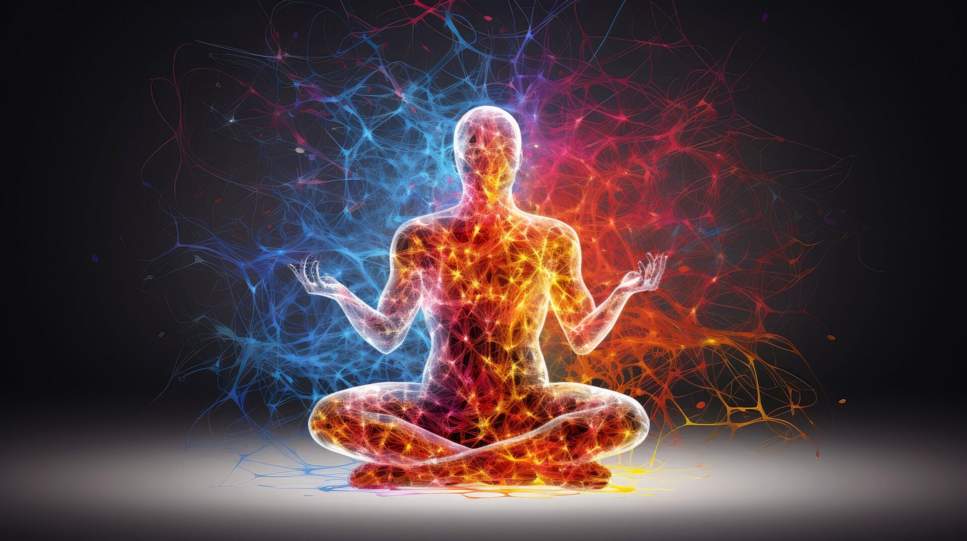 Meditating human silhouette with colorful neural energy