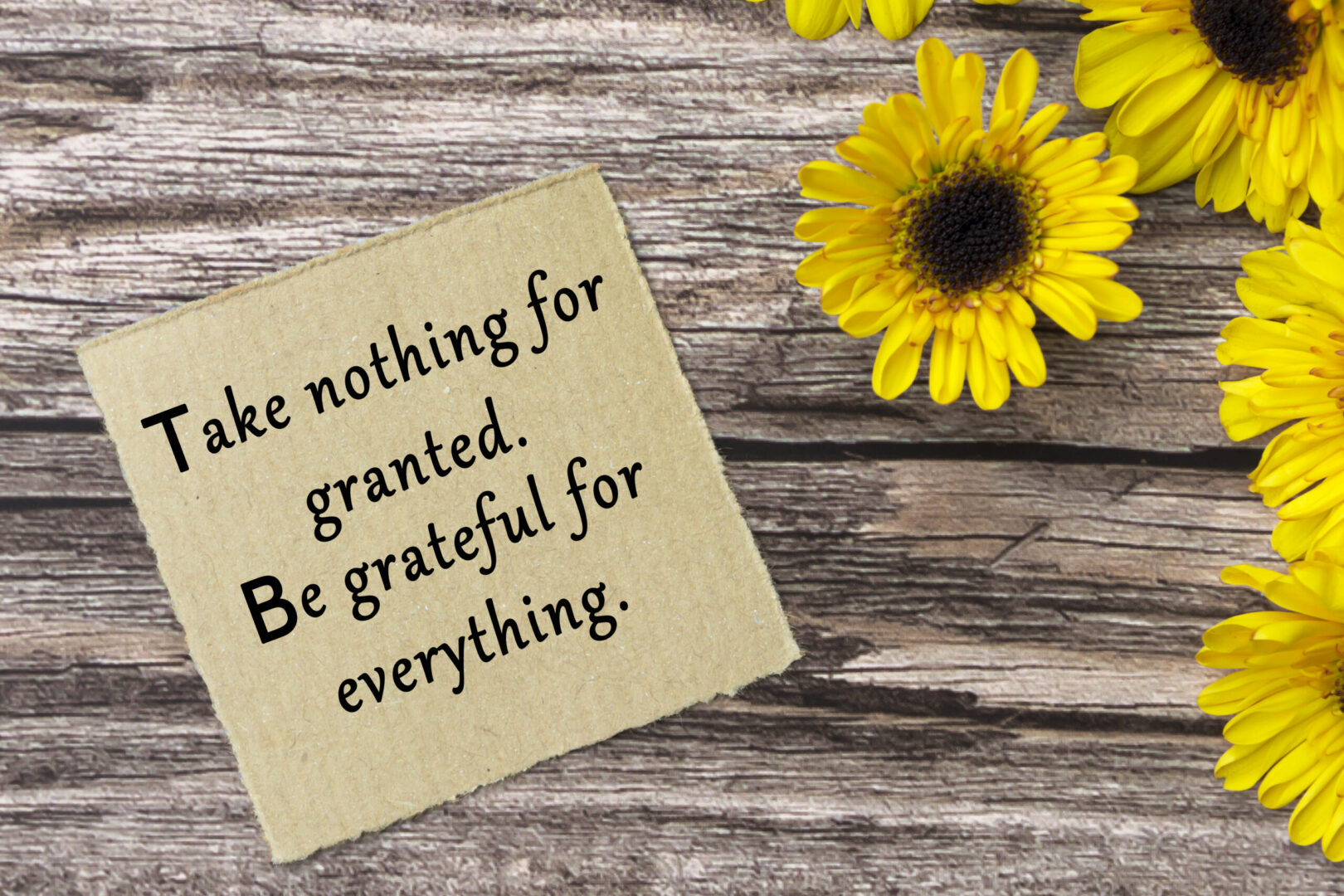 Motivational quote on torn brown paper - Take nothing for granted, be grateful for everything.